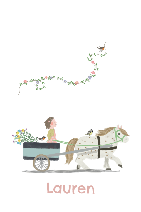 Geboortekaartje ponywagentje zus bloemen
