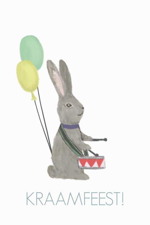 Kraamfeest kaart konijn trommel ballonnen
